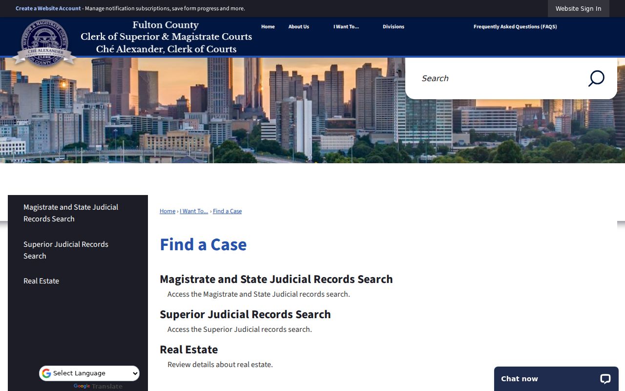 Fulton County criminal history Clerk case-search routing page